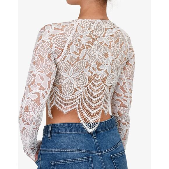 For Love & Lemons Guava Lace Crop Top Size XS Scalloped Hem Long Sleeves - Picture 2 of 14
